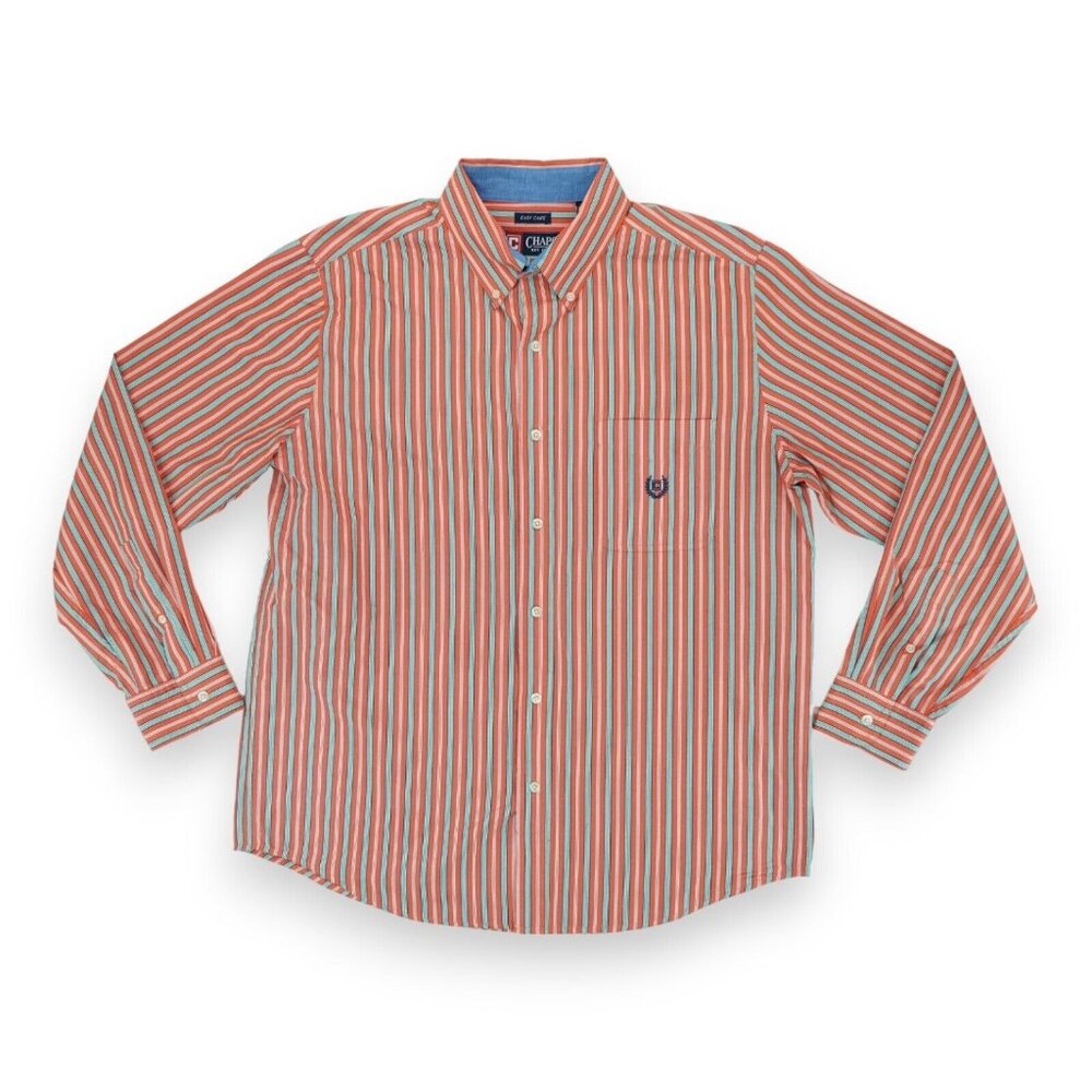 CHAPS Men's Dress Shirt Striped Button Down Shirt Large Long Sleeve Orange Green
